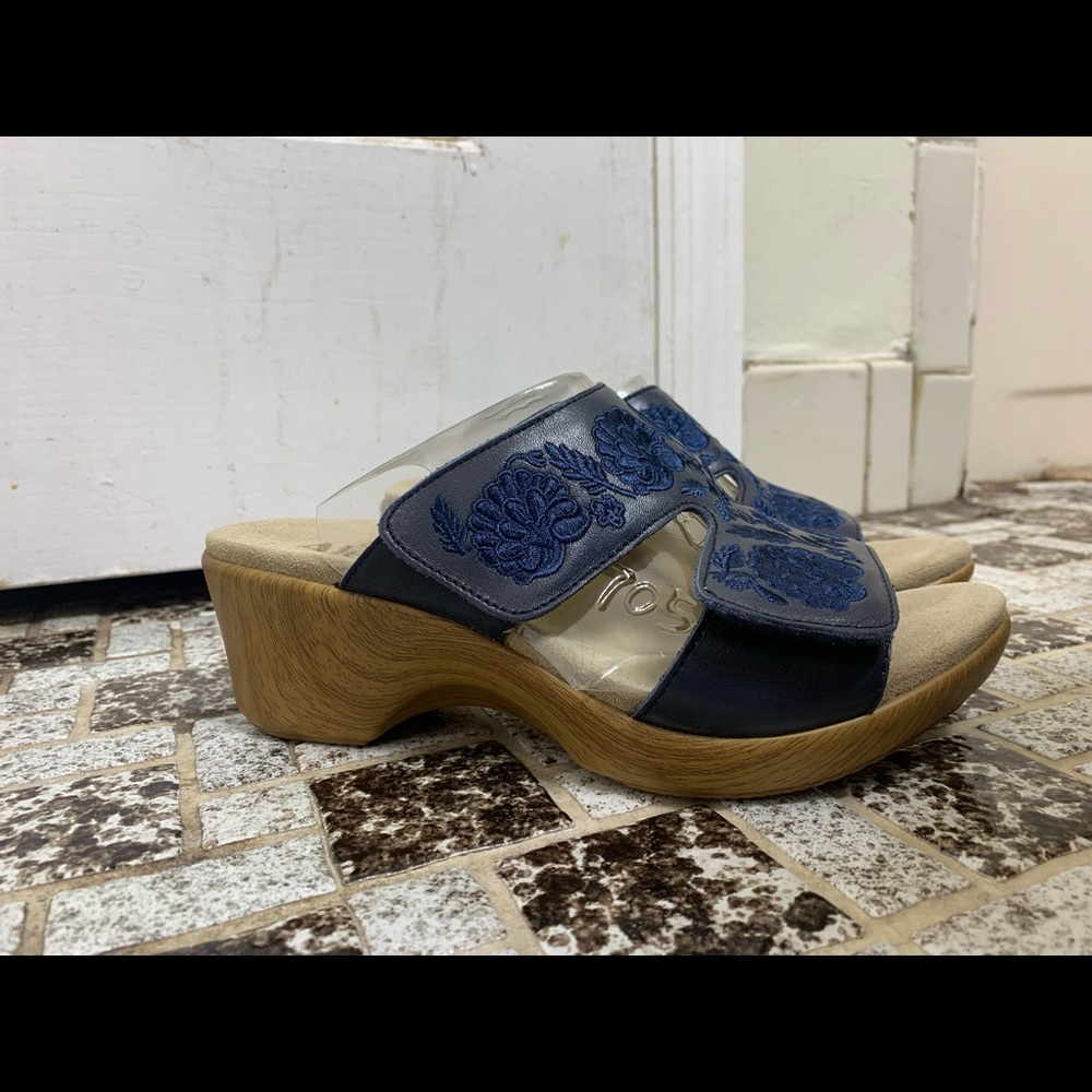 Embroidered Navy Alegria Wedge Sandals